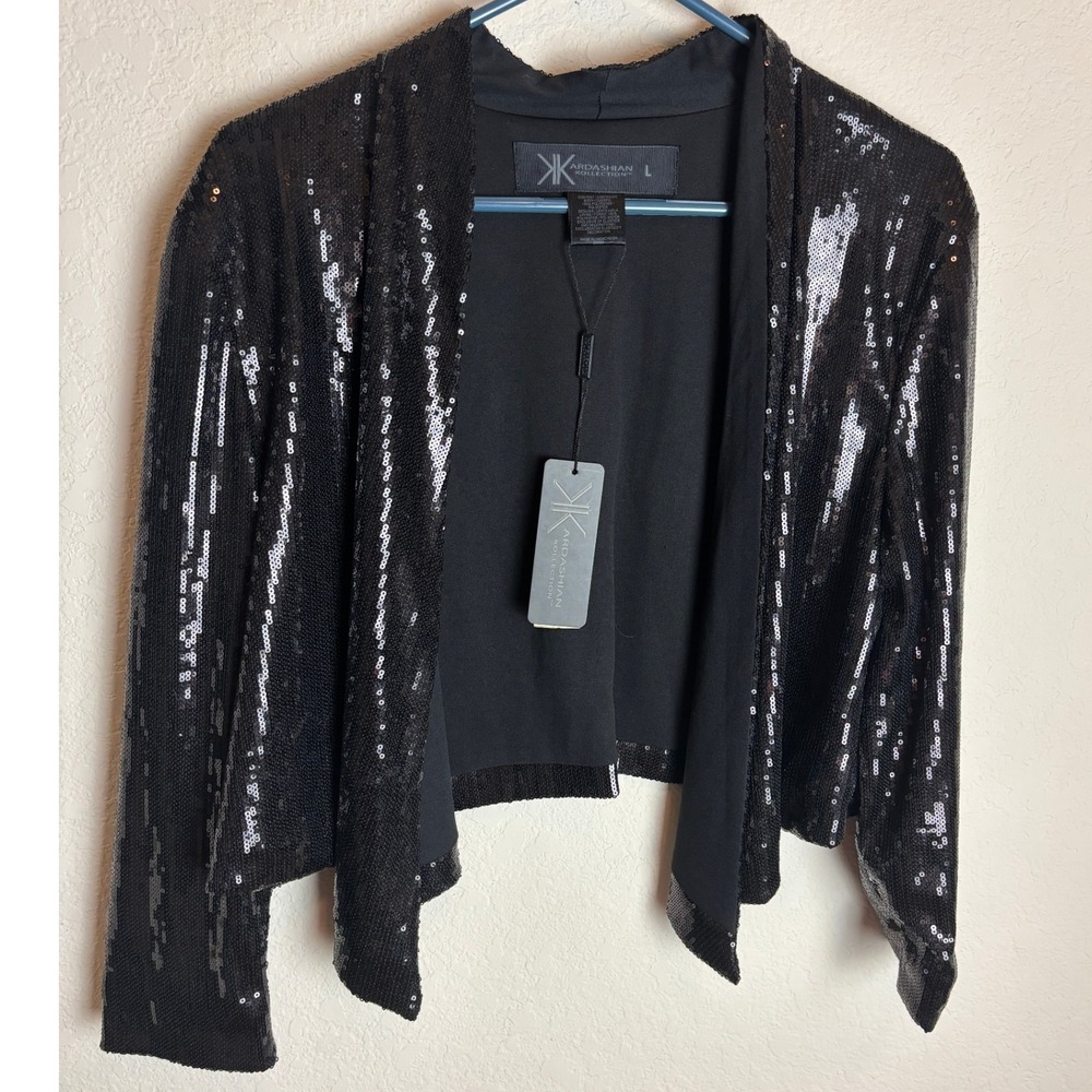Kardashian Collection Black Sequin Jacket Open Front Party Glam